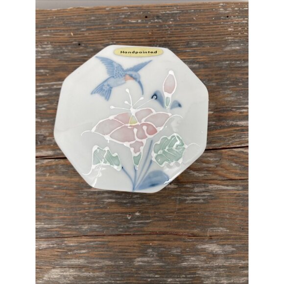 Otagiri Japan Hummingbird Trinket Box Hand Painted Blue Pink Green Floral - Picture 1 of 9
